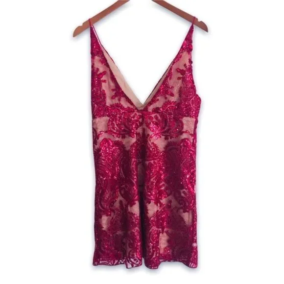 FREE PEOPLE Night Shimmer Embroidered Floral Sequin Lace Mesh Mini Dress Size 4 - Picture 6 of 15